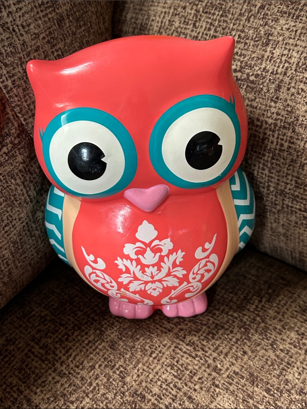 Ceramic Coral Pink Decorative Owl Figurine Piggy Bank with Teal Accents NWT